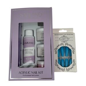Savland Acrylic At Home Nail Kit Long Blue Fake Press On Nails New